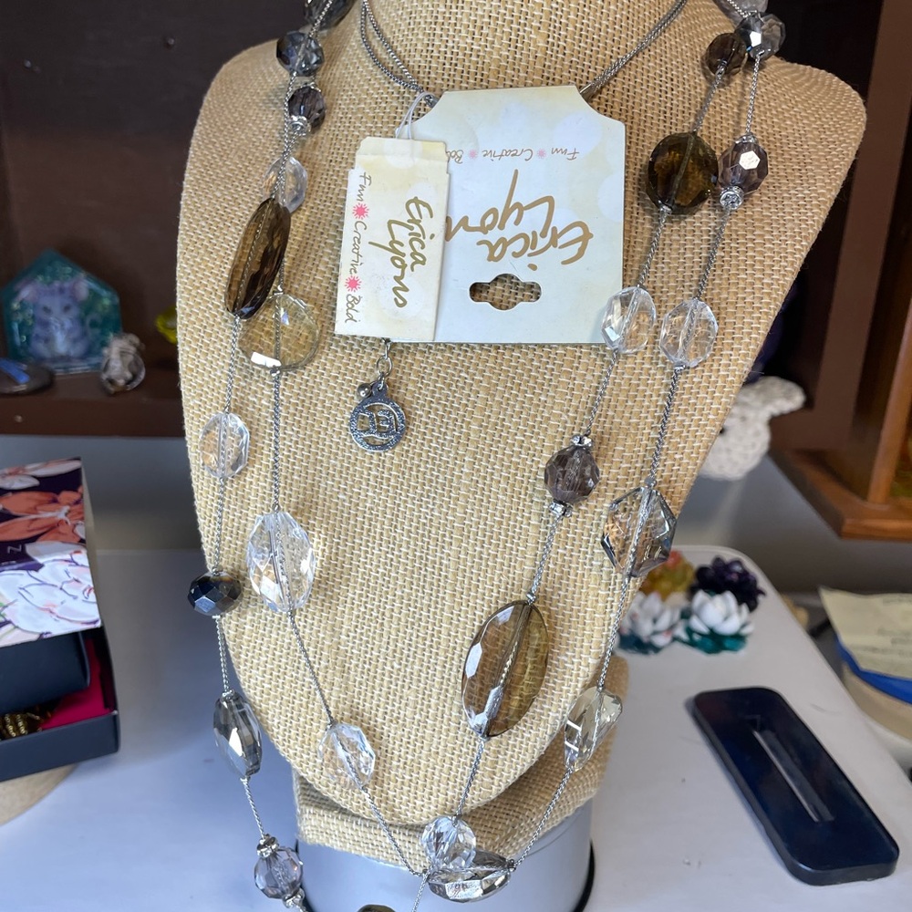 Erica Lyons Layered Brown and Clear Beaded Necklace Neutral Tones